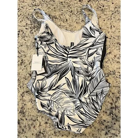 DKNY Women's White Printed Lined Removable Cups Mesh Scoop Neck One Piece Swimsu - Picture 3 of 5